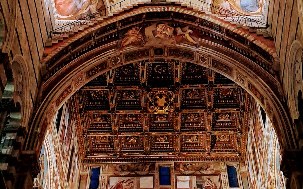 Ornate ceiling inside Pisa Cathedral on Field of Miracles tour.