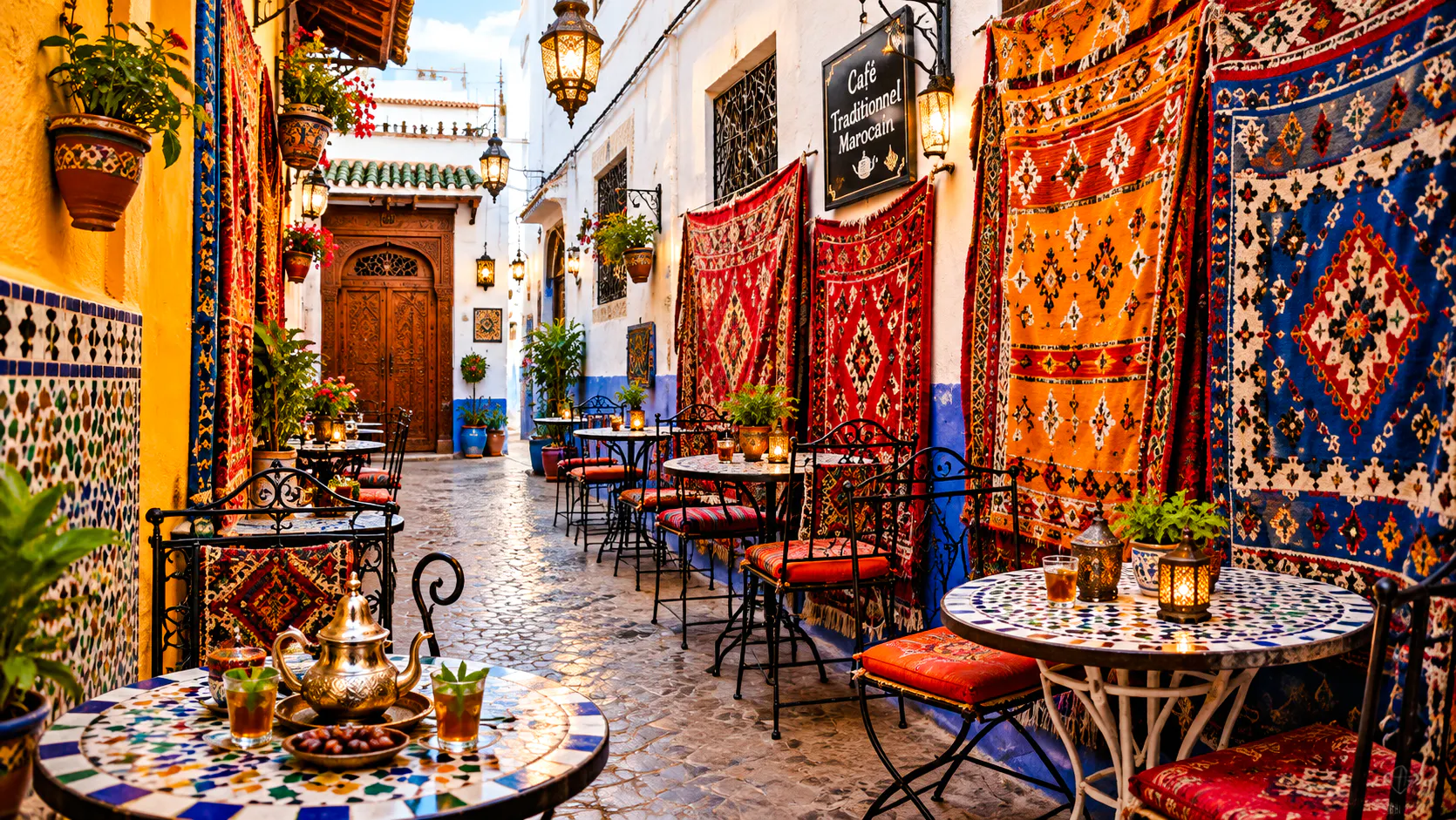 Outdoor café with Moroccan tea and colorful rugs in Tangier market.