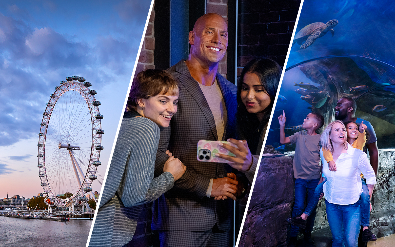 London Eye at sunset, visitors taking selfies at Madame Tussauds, family exploring Sea Life London aquarium.