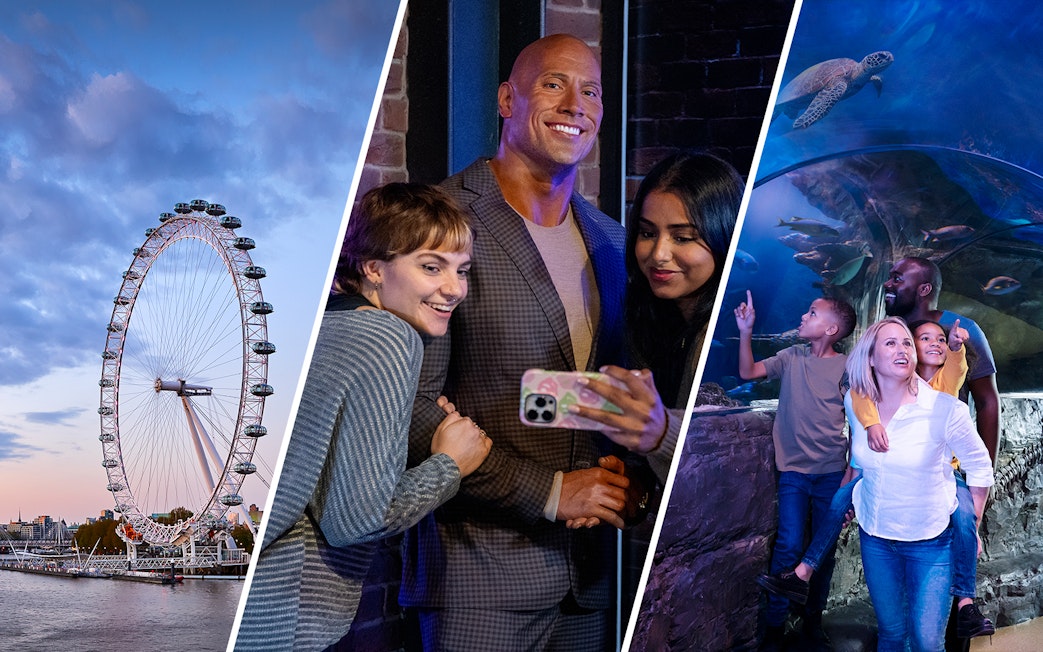 London Eye at sunset, visitors taking selfies at Madame Tussauds, family exploring Sea Life London aquarium.