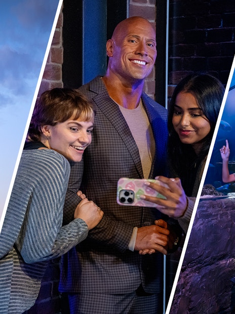 London Eye at sunset, visitors taking selfies at Madame Tussauds, family exploring Sea Life London aquarium.