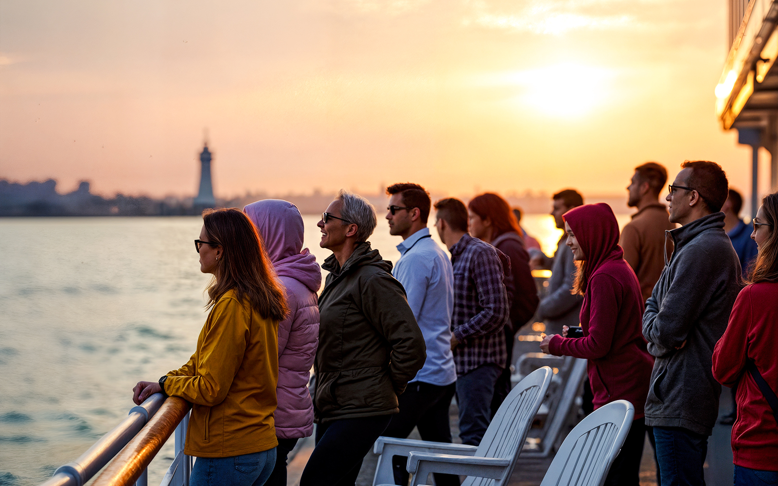 Group on boat deck watching sunset over water with distant lighthouse.