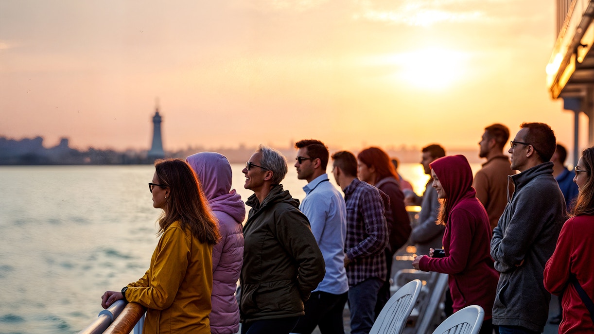 Group on boat deck watching sunset over water with distant lighthouse.