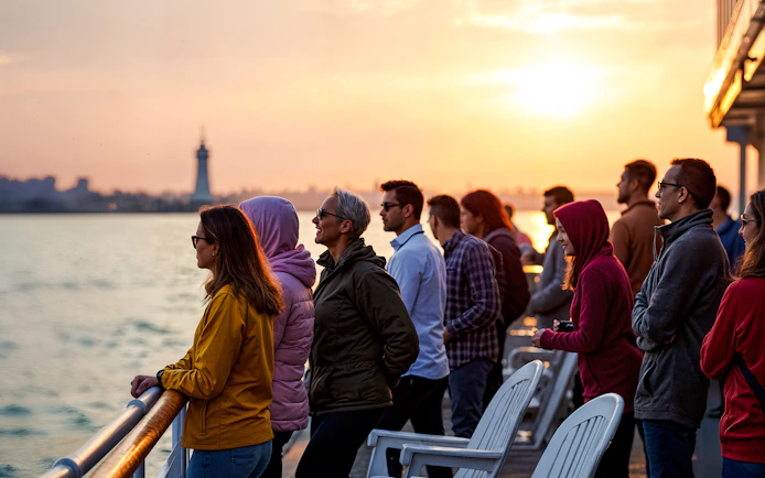 Group on boat deck watching sunset over water with distant lighthouse.