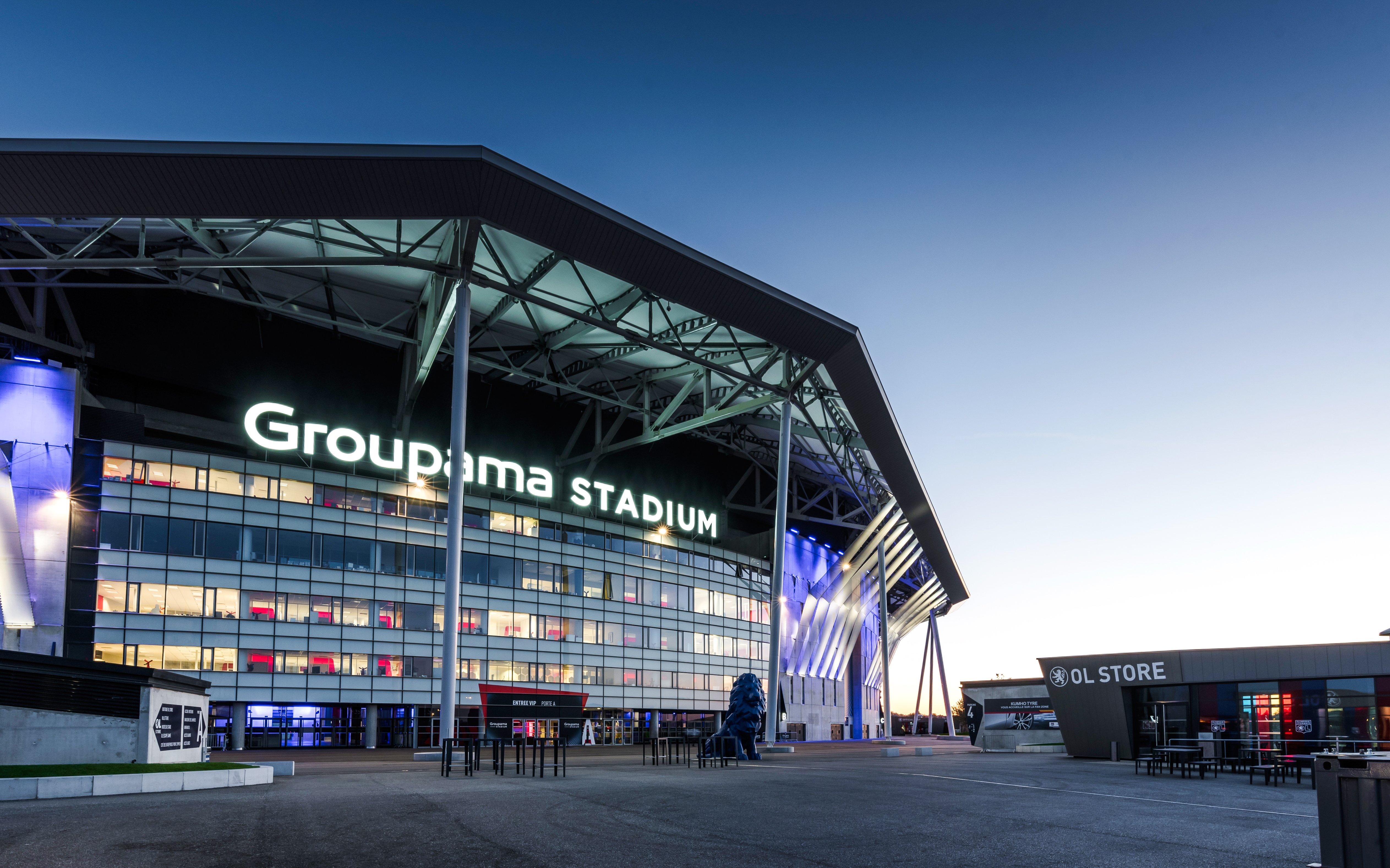 Groupama Stadium exterior in Lyon, France, home of Olympique Lyonnais.