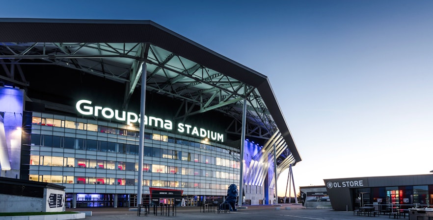 Groupama Stadium exterior in Lyon, France, home of Olympique Lyonnais.