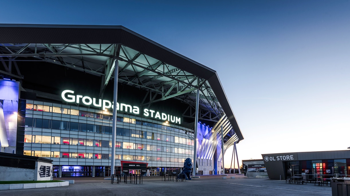 Groupama Stadium exterior in Lyon, France, home of Olympique Lyonnais.