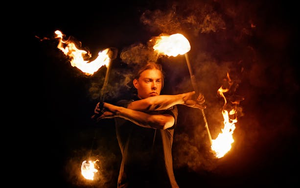 Fire performer at New Year’s Eve party, Rudas Baths, Budapest.