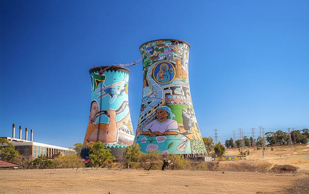 Soweto Towers with vibrant murals in Johannesburg, South Africa.