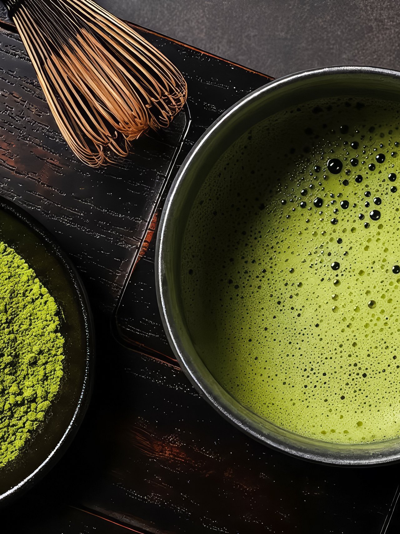 Matcha tea in a bowl with bamboo whisk and powder on a dark wooden surface.