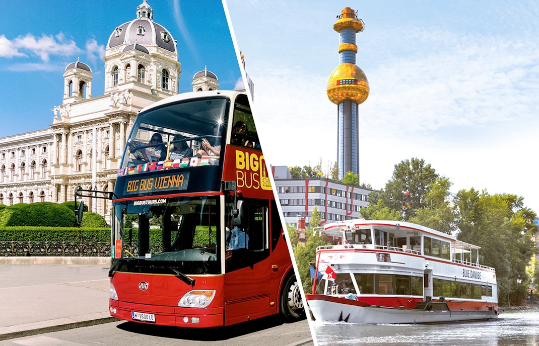 Ein Hop-on Hop-off Bus von Big Bus und ein Schiff auf einer Panoramafahrt Wien fahren jeweils an einer Sehenswürdigkeit vorbei