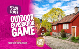 Outdoor exploration game in Stockholm with red wooden houses and cobblestone street.