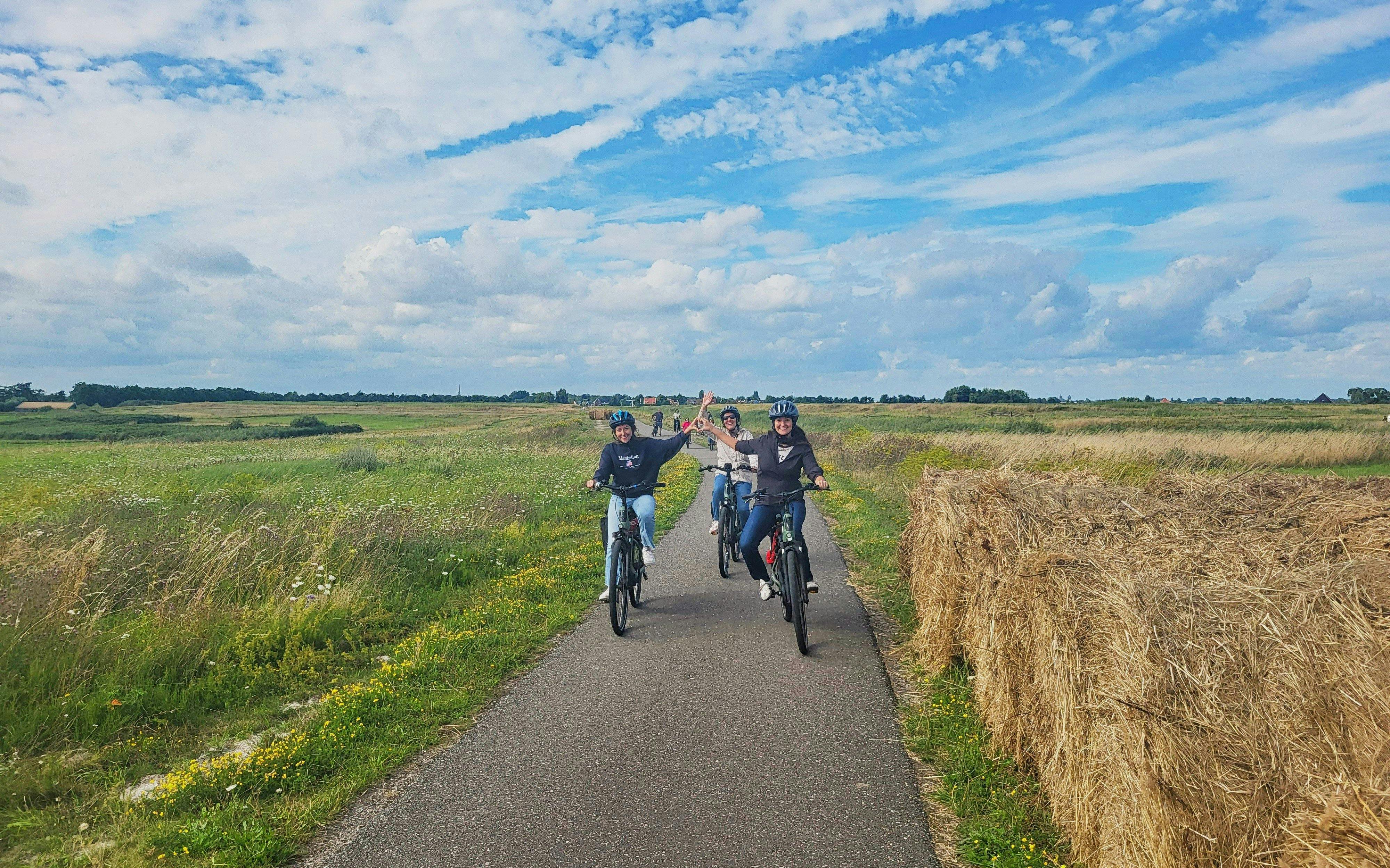 Cyclists on e-bike tour through scenic countryside path.