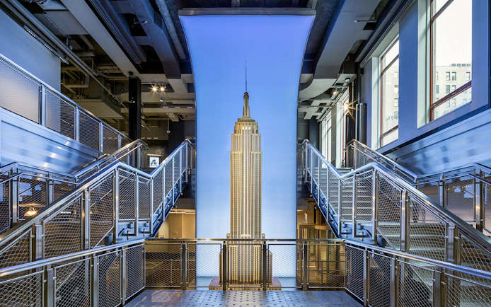 Empire State Building interior with view of observatory entrance in New York.