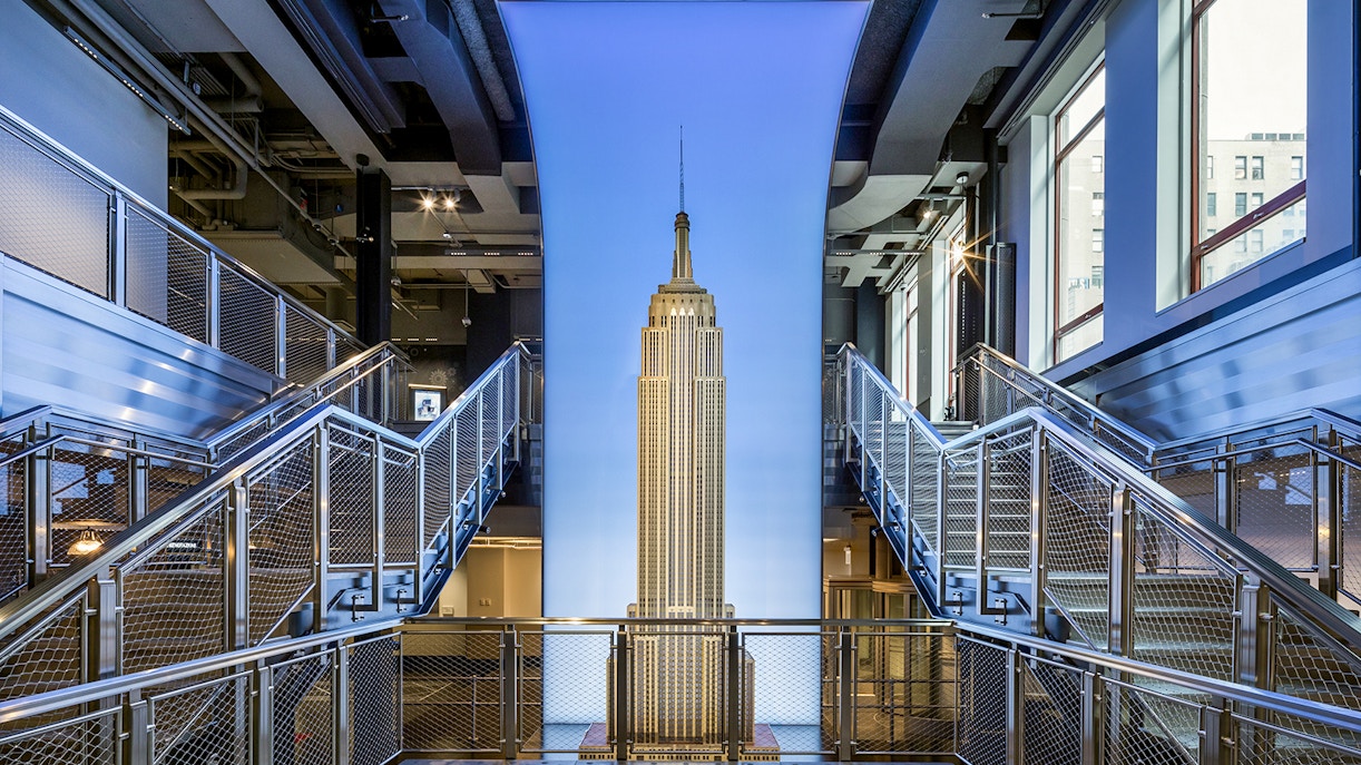 Empire State Building interior with view of observatory entrance in New York.