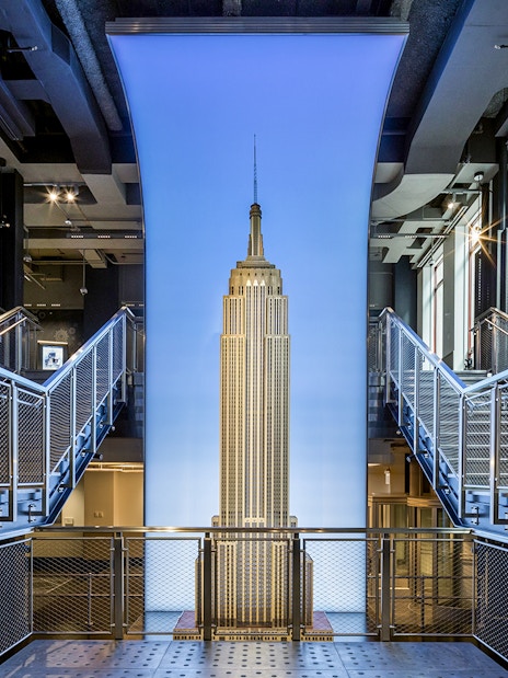 Empire State Building interior with view of observatory entrance in New York.