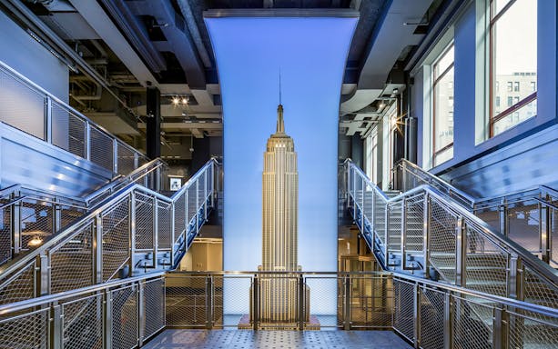 Empire State Building interior with view of observatory entrance in New York.