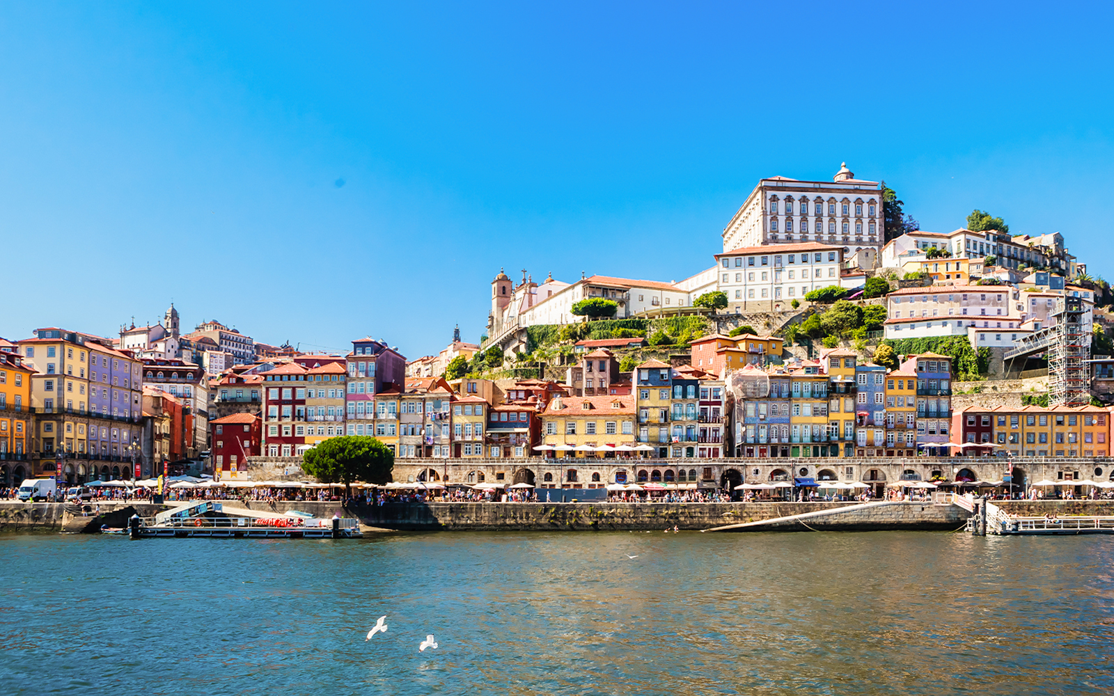 Cais de Gaia and Ribeira District with Bishop's Palace in Porto, Portugal.