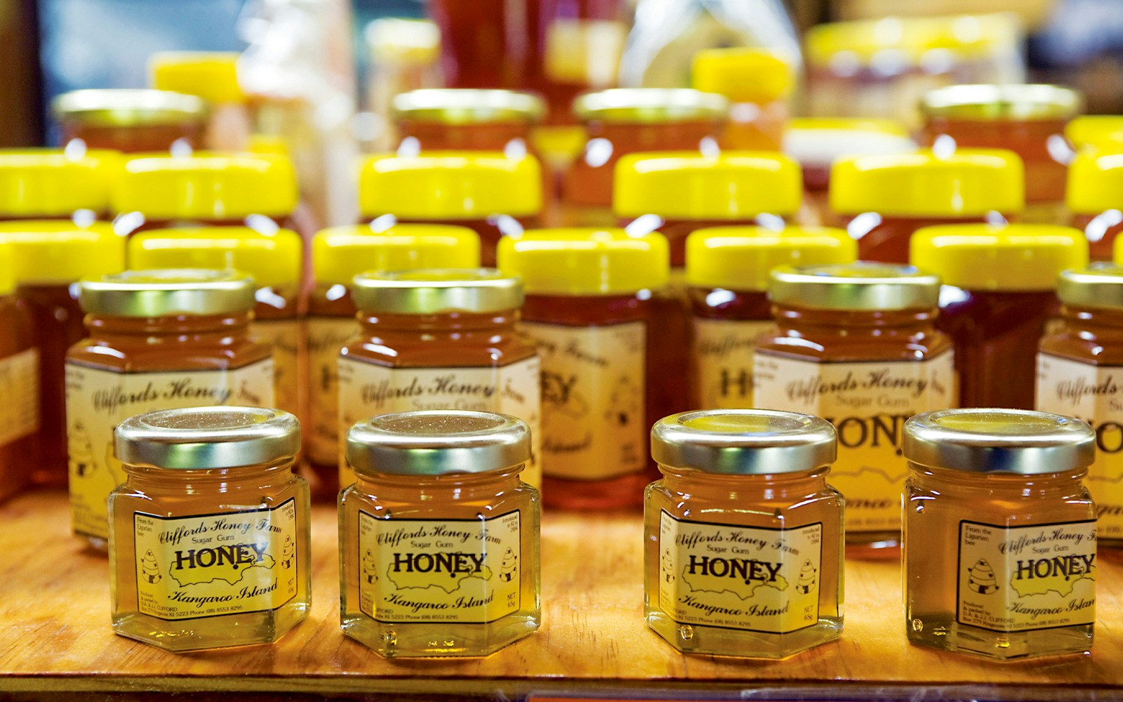 Jars of honey on display at Clifford's Honey Farm shop, Kangaroo Island, Australia.