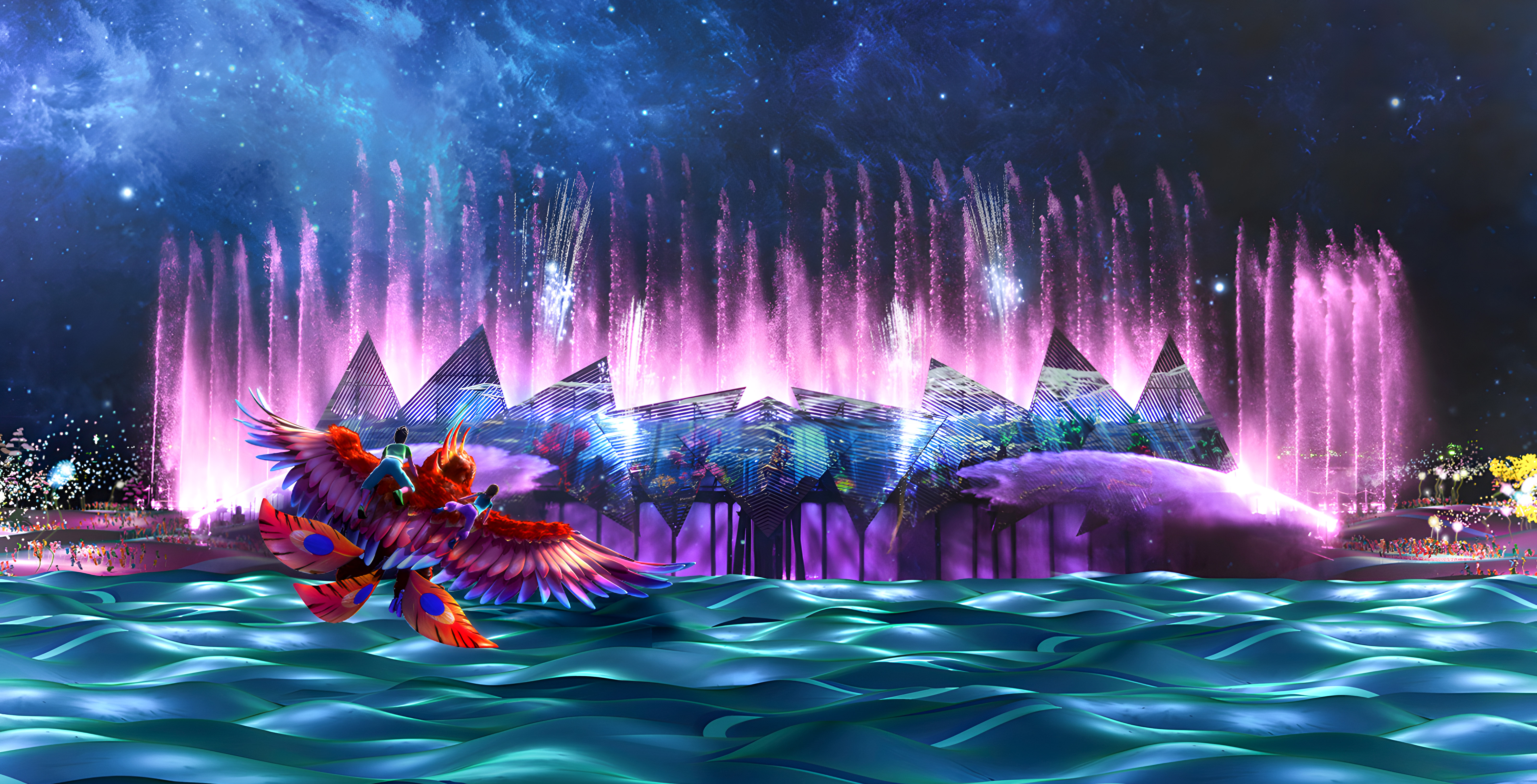 Wings of Time Show at Sentosa, Singapore with vibrant water and light display.