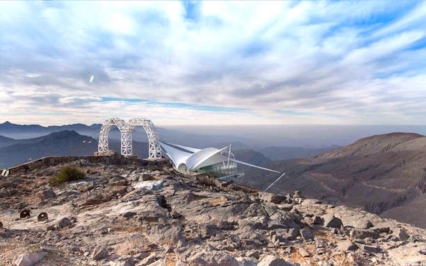 Jebel Jais Zipline launch platform with mountain views in Dubai.