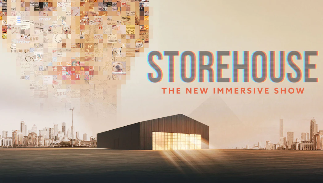 Storehouse immersive show poster with city skyline and warehouse building