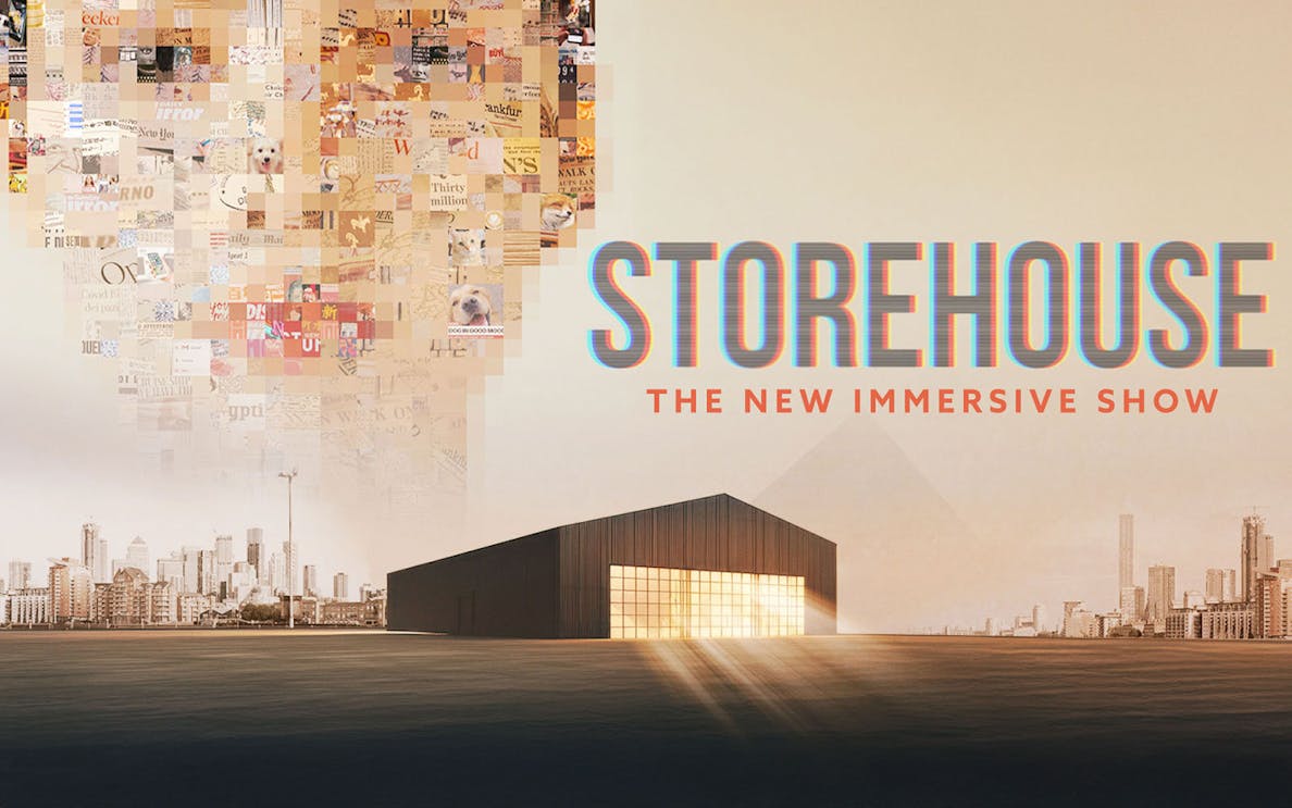 Storehouse immersive show poster with city skyline and warehouse building