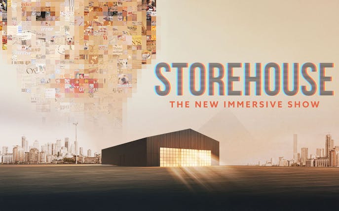 Storehouse immersive show poster with city skyline and warehouse building
