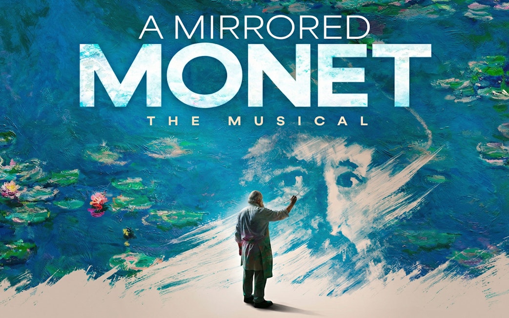 Poster for A Mirrored Monet West End show featuring an artist painting Monet's face on a water lily background.