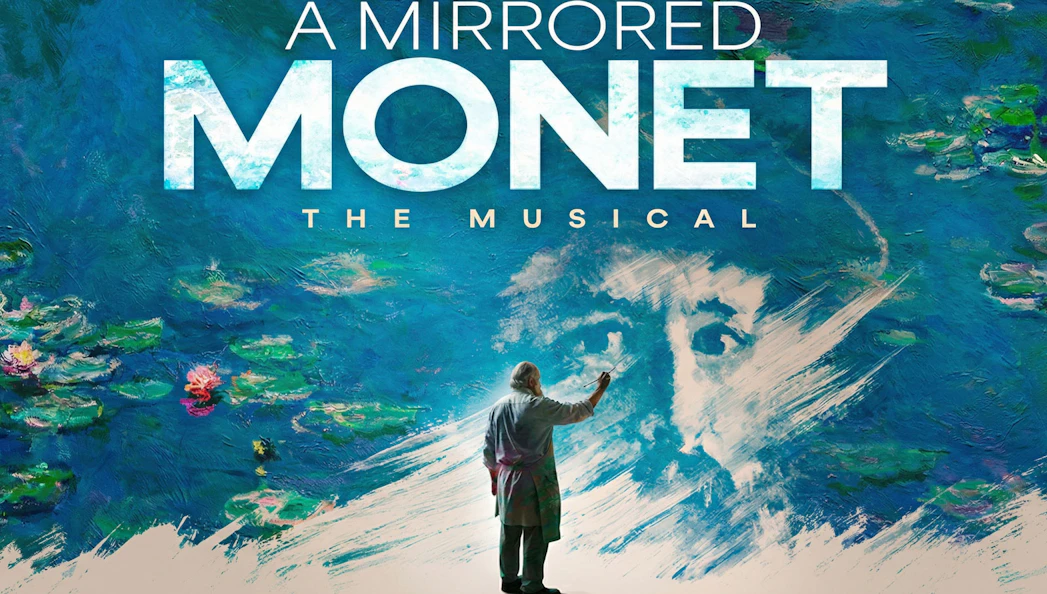 Poster for A Mirrored Monet West End show featuring an artist painting Monet's face on a water lily background.