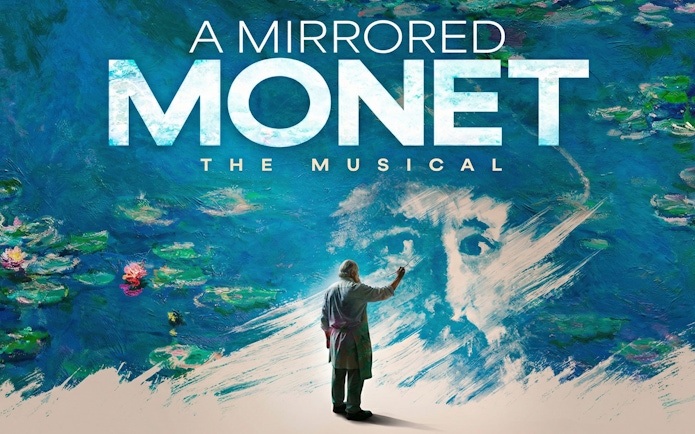Poster for A Mirrored Monet West End show featuring an artist painting Monet's face on a water lily background.