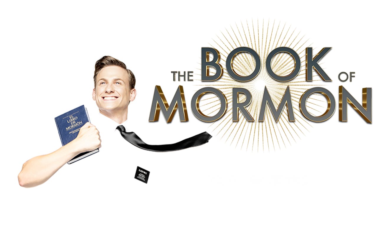 The Book of Mormon musical logo with smiling character holding a book.