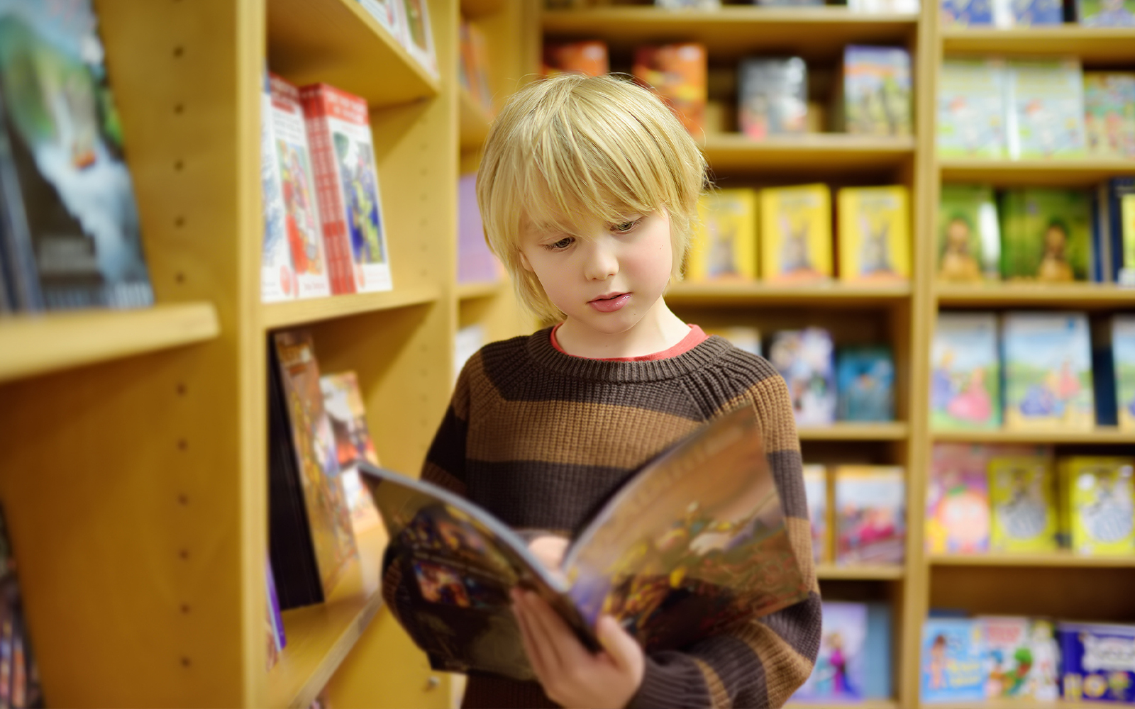 Child reading a comic book in a bookstore at the Comic Museum, Malta.