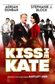 Actors performing "Kiss Me, Kate" on stage in a vibrant theater setting.