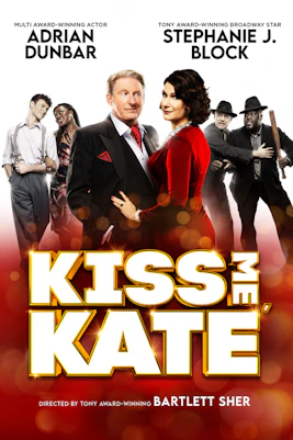 Actors performing "Kiss Me, Kate" on stage in a vibrant theater setting.