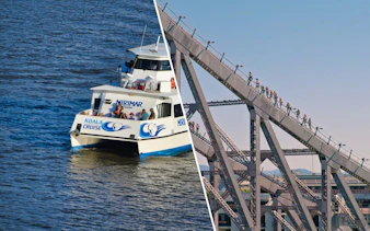 Brisbane River cruise boat and climbers on Story Bridge.