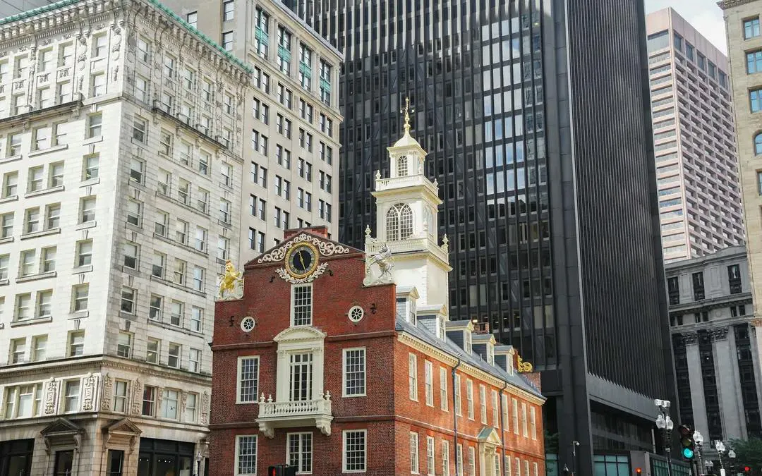 Old State House surrounded by modern buildings, Boston Greenway exploration game.