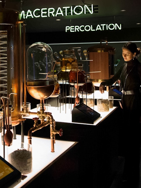 Bols Cocktail Experience interactive exhibit with distillation equipment in Amsterdam.