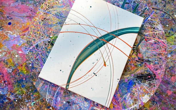 Abstract artwork with colorful splatters and lines at Motion Art Space, Singapore.