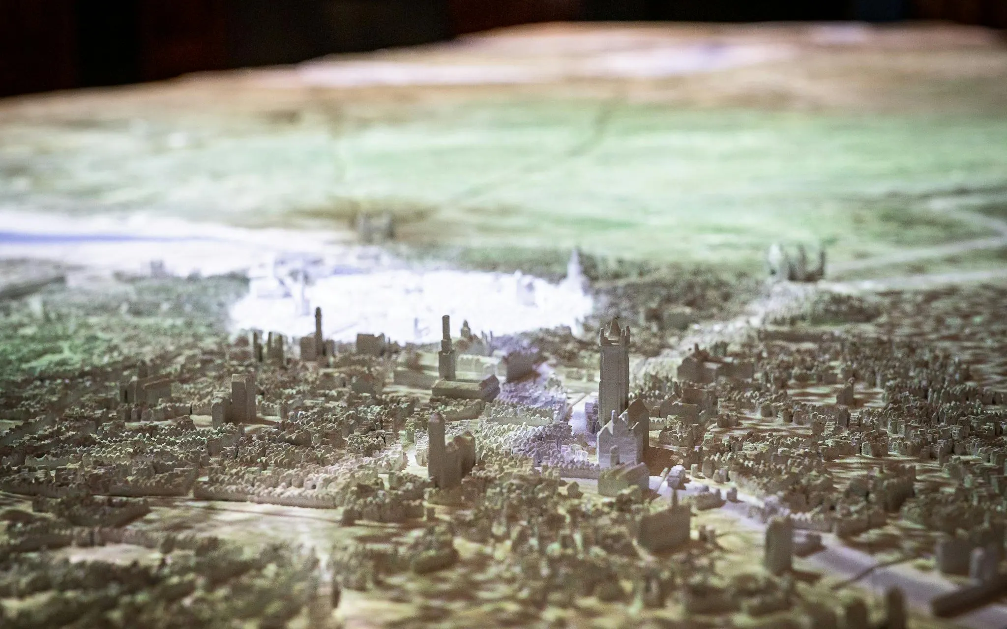 Model of Bruges cityscape highlighting Bruges City Hall.