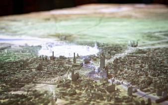 Model of Bruges cityscape highlighting Bruges City Hall.
