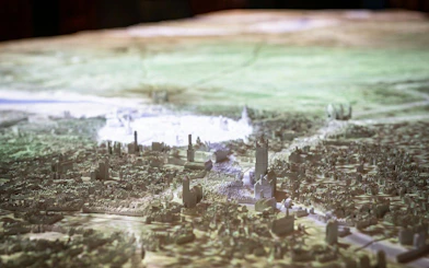 Model of Bruges cityscape highlighting Bruges City Hall.