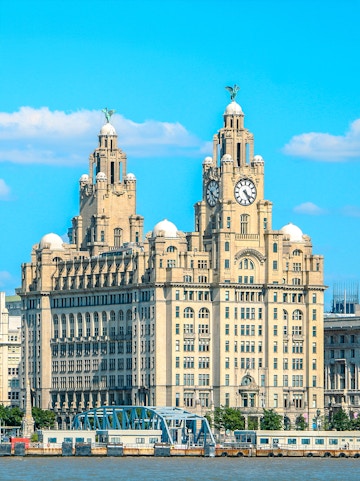 Royal Liver Building with clock towers in Liverpool, UK, viewed from the waterfront.