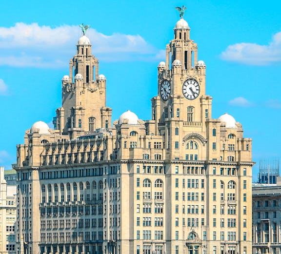 Royal Liver Building with clock towers in Liverpool, UK, viewed from the waterfront.