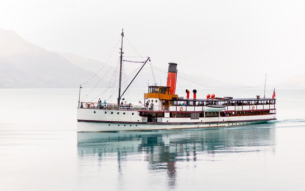 Steamboat cruising on Lake Wakatipu, New Zealand.