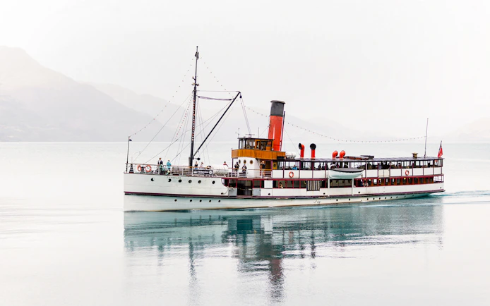 Steamboat cruising on Lake Wakatipu, New Zealand.