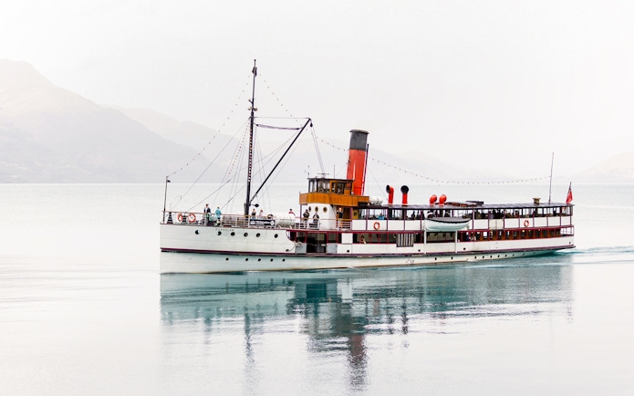 Steamboat cruising on Lake Wakatipu, New Zealand.