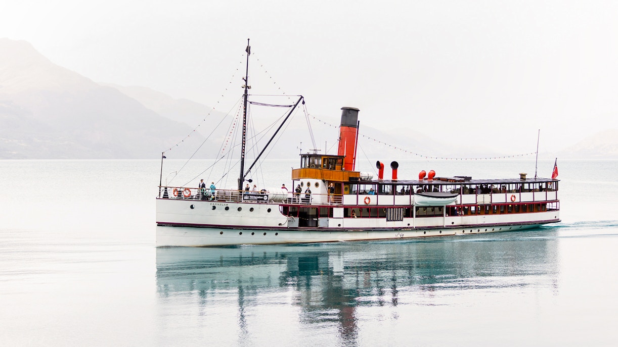 Steamboat cruising on Lake Wakatipu, New Zealand.