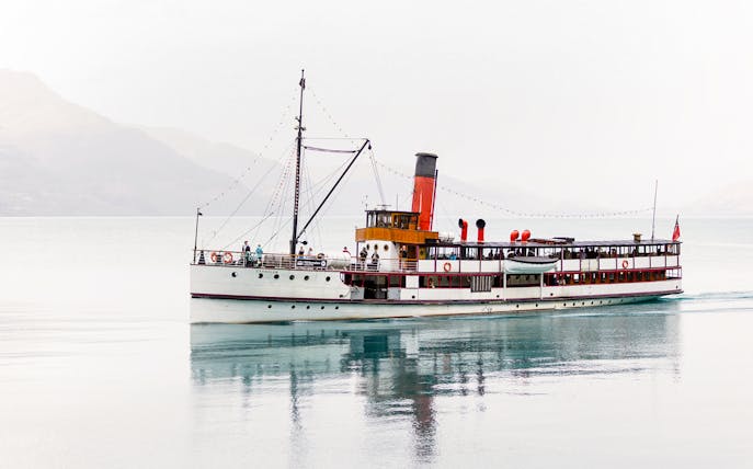 Steamboat cruising on Lake Wakatipu, New Zealand.