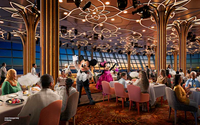 Mickey and Minnie entertaining guests at Hollywood Spotlight Club on Disney Adventure Cruise from Singapore.